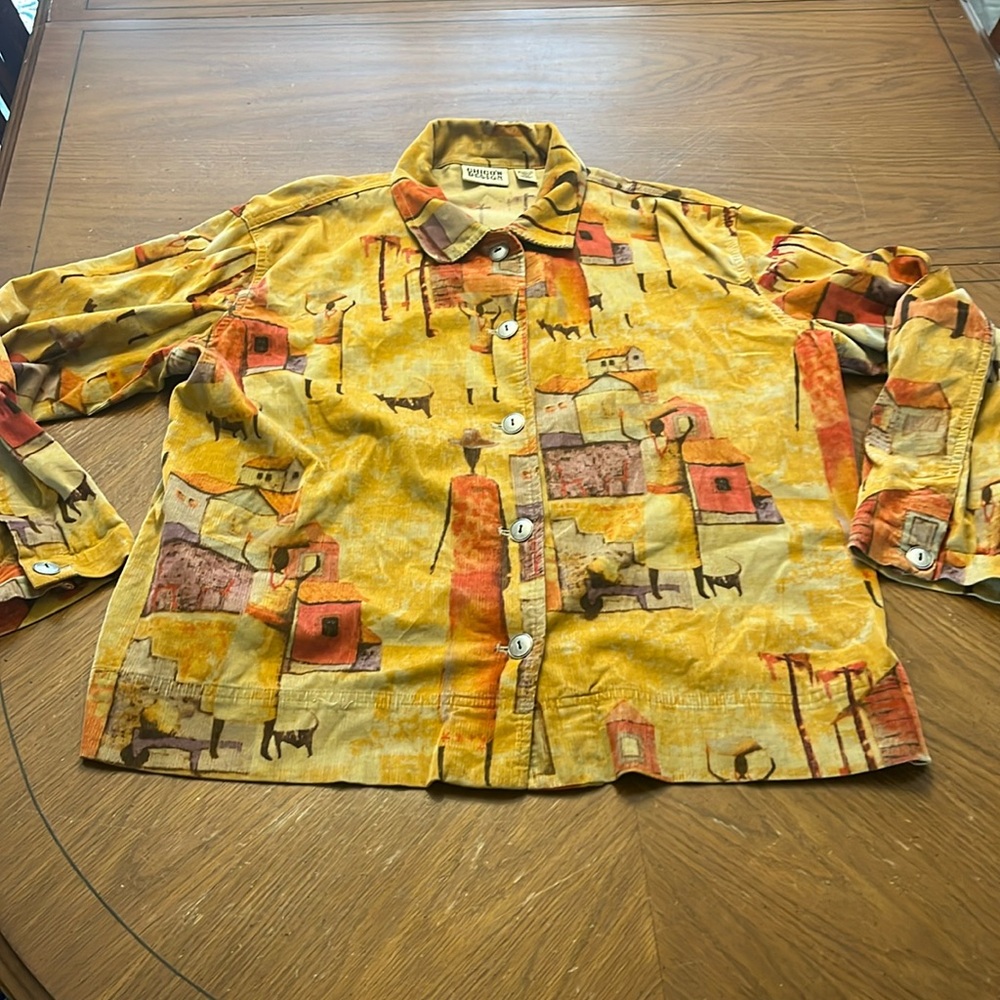 Village Print Corduroy Jacket XL (3) Chicos design Cotton Spandex EUC